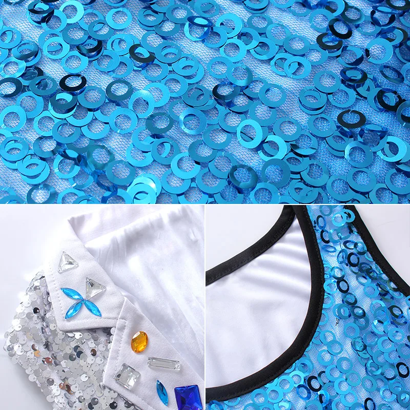 Jazz Dance Child Costume Boys Hip Hop Street Dance Jazz Sequins Tassel Blue Vest Harem Pants Suit Kids Dancing Clothes DNV10052