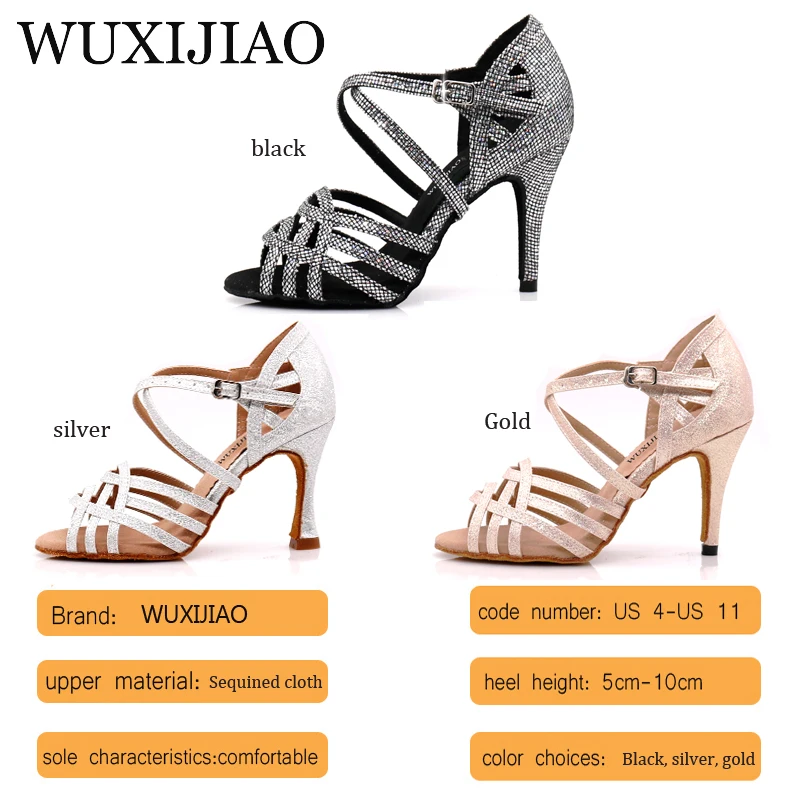 WUXIJIAO Women Party Dance Shoes  Satin Shining rhinestones Soft Bottom Latin Dance Shoes Woman Salsa Dance Shoes heel5CM-10CM