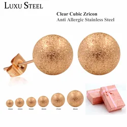 LUXUSTEEL 6 Pairs/Box Earrings Sets Stainless Steel Mixed Size Frosted Rose Golden Color Stud Earrings For Women/Girl