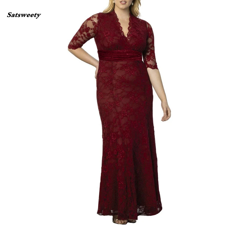 Burgundy Mother Of The Bride Dresses Plus Size Elegant A Line V Neck Half Sleeve Lace Wedding Party Gowns Robe De Soiree