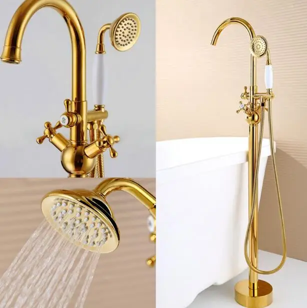 

Luxury gold Brass Bathroom floor decked bathtub Faucet set floor mounted style shower faucet set double lever free shipping