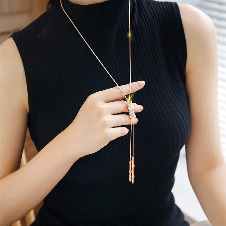 Statement Full Rhinestone Tassel Long Pendant Necklace Women Bijoux Fashion Sweater Jewelry Accessories