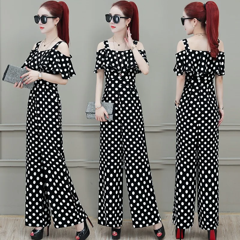 Polka Dot Jumpsuit 2019 Musim Panas Off Bahu Korea Overall Pinggang Tinggi BoHo Playsuit Elegan Celana Kodok untuk Wanita 2019 DD2155