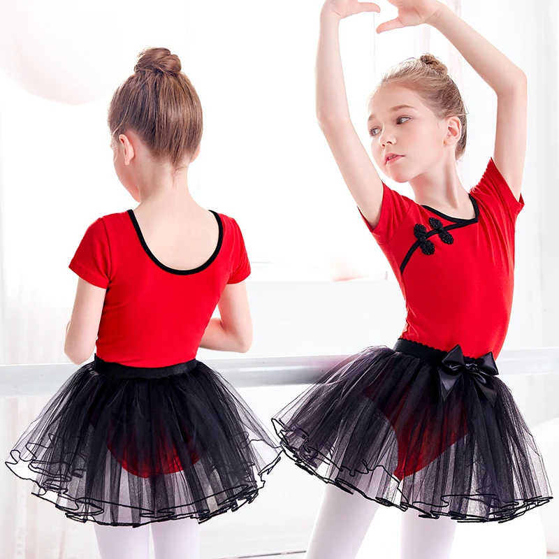 Girls Kids Ballet Dance Leotard Tutu Suit Red Black Dance Dress Lyrical Girls Chinese Knot Cotton Ballet Dance Wear Clothing