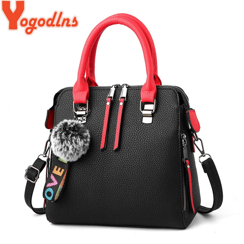 Yogodlns Brand PU Leather Women Messenger Bag Fur Ball Crossbody Flap Bag Female Vintage Shoulder Bag Solid Color Handbags