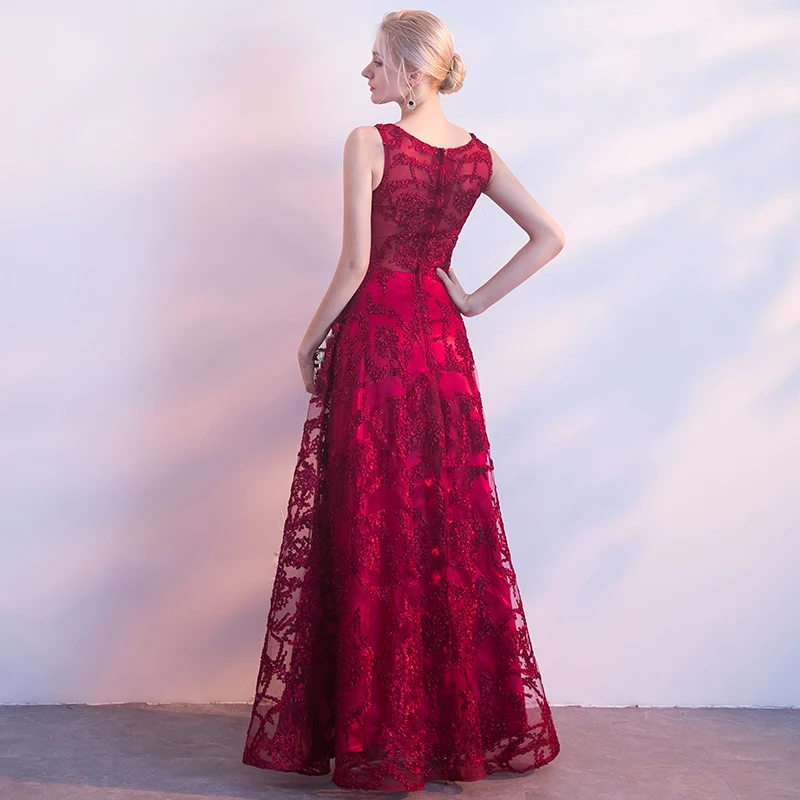 weiyin New 2023 Evening Dress Elegant Banquet Wine Red Lace Sleeveless Floor-length Long Party Formal Gown Robe De Soiree WY1522