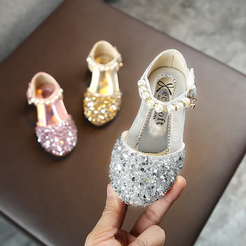 Princess Leather Shoes Children Casual Shoes New Girls Sequins Wedding Party Kids Baby Girls School Dance Shoes Size 21-36 A619