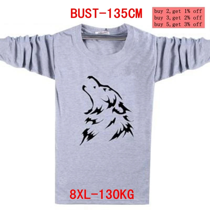 Men\'s big T-shirt large size 5XL 6XL 7XL 8XL autumn and winter long-sleeved round neck big wolf head print black gray blue