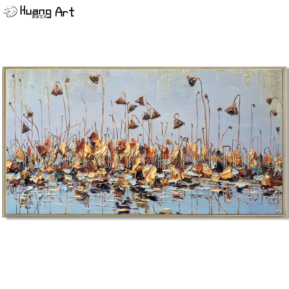 

Hot Art Picture Artist Hand-painted High Quality Lotus Pond Landscape Oil Painting on Canvas Water Lily Knife Thick Oil Painting