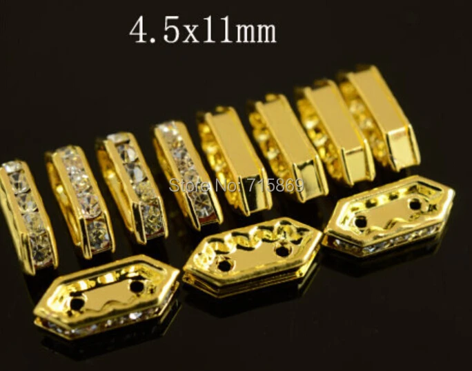 Free Ship 100 pcs/lots 2 holes Plated Golden Rhinestone Crystal spacer bead For Bracelet connectors beads jewelry finding,