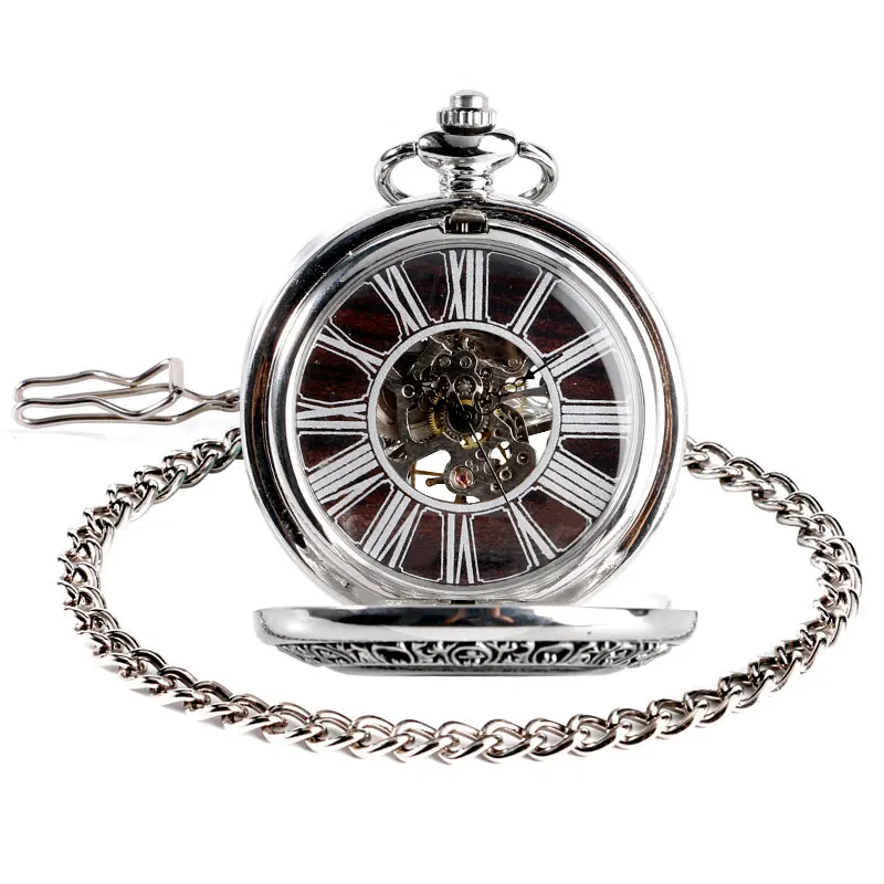 Fob Pocket Watches Mechanical Hand Wind Exquisite Wooden Case Silver Pocket Watch Luxury Transparent Vintage For Men Women Gifts