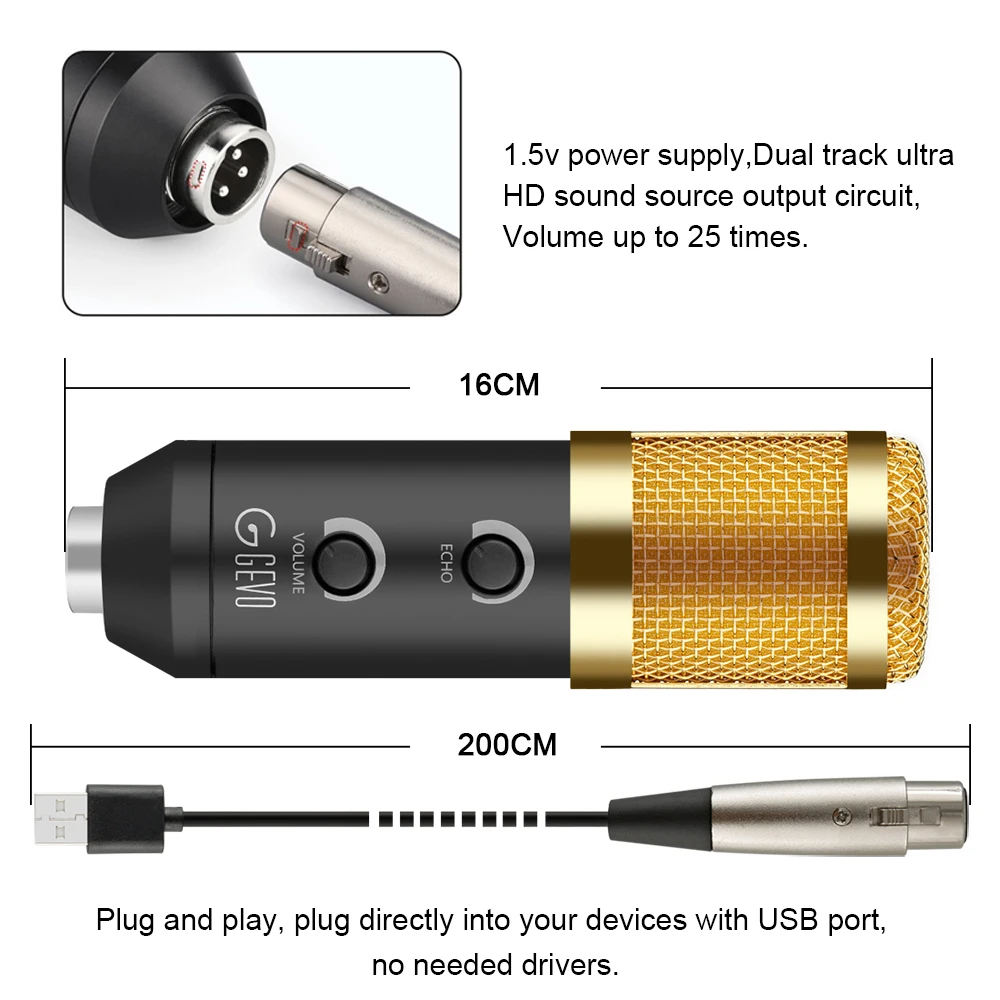 USB Condenser Microphone for Computer With Adjustable Metal Arm Stand Mic for Gaming Podcast Live Streaming for Mac & Windows PC