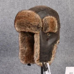 Men Fur Leather Hat for Winter Imitation Leather Fur Hat with Pom Ear Protect Bomber Hats Russian Ushanka Cap Leifeng Hat B-8431