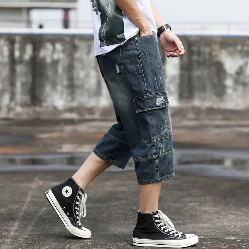 2021 New Mens Casual Jeans Short Hip Hop Men Ripped Packet Distressed Denim Cargo Short Streetwear For Man Plus Size 28-42