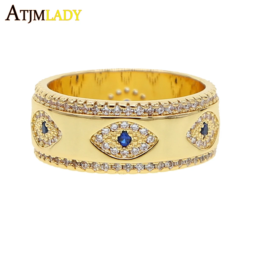 Gold Color Engraved Bling CZ Evil Eye Wide Engagement Band Ring For Lady Women Party Gift Finger Jewelry Classic Antique Ring