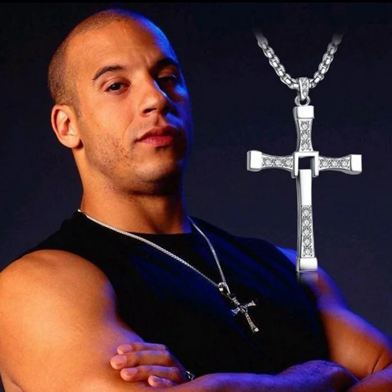 12PCS/Lot Fast And The Furious Dominic Toretto Vin New Movie Jewelry Classic Rhinestone Pendant Sliver Cross Necklaces Men