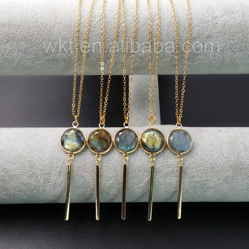 WT-N918 Wholesale Custom Elegant Labradorite With Long Charm Necklace Gold trim Edge Labradorite Necklace With Gold