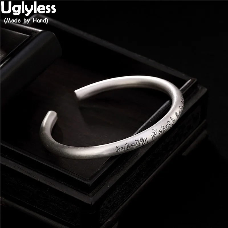 Uglyless 100% Real Solid 999 Full Silver Religious Bangles for Women Six-Word Open Bangle Handmade Carved Blessing Gift Bracelet