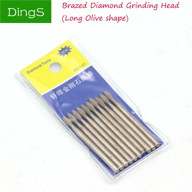 5 Buah 3Mm Kepala Bor Berlian Brazing Shank Panjang Zaitun Bentuk Burrs Ukiran Peeling untuk Logam Jade Kaca Batu Penggilingan Keramik