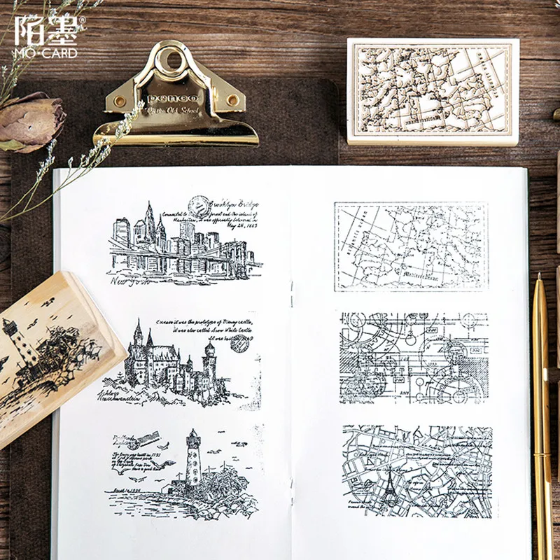 6PCS/LOT Wooden Seal Toy Stamp Album Diary To Decorate DIY Seal The Meaning of Travel Fancy Toy for Children