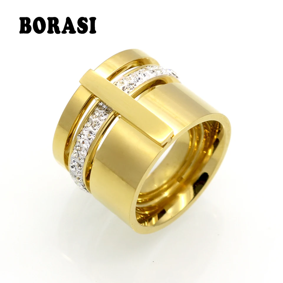 Gold Color Zircon Crystal Titanium Stainless Steel Rings For Women Men Wedding Jewelry Three Layers Beauty anillos Female Rings