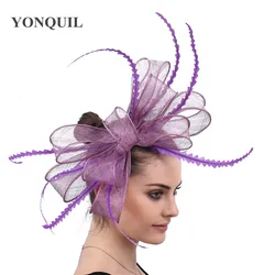 Turquoise Blue Sinamay Fascinators Hats Big Bowknot Hairbands Feather Hair Accessories Lavender Wedding Church Headwear MYQ035