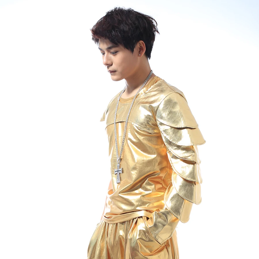 Stage Costume Men Nightclub DJ DS Gogo Performance Shawl Rave Clothes For Singers Dancer Gold Outfit Hip Hop Dancewear DNV10477