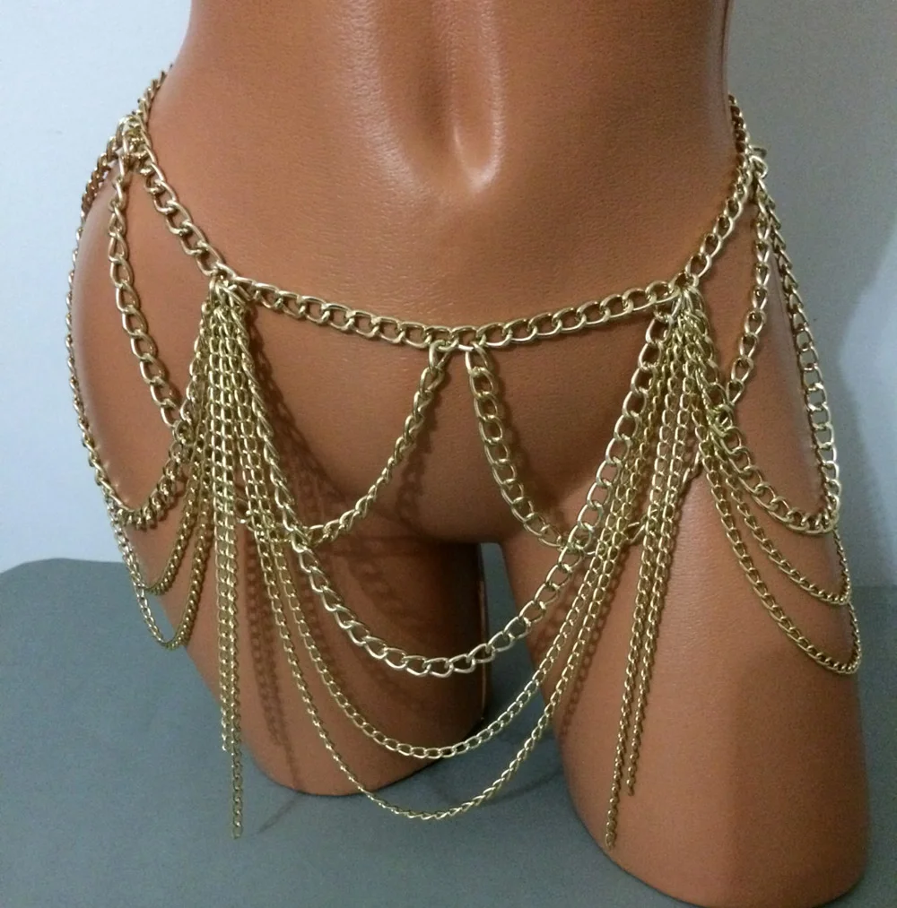 Chran Gold Silver Color Dangle Multilayer Tassel Women Sexy Bikini Beach Body Chain Link Necklace Belly Waist Slave Chain BCJ605