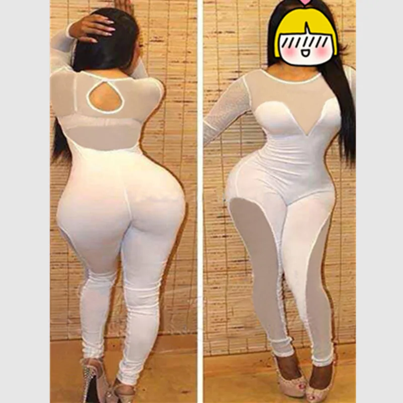 High Quality New Fashion Sexy women Jumpsuits & Rompers White Hot Sexy Sheer Lace Club Catsuit Long Jumpsuit Pants