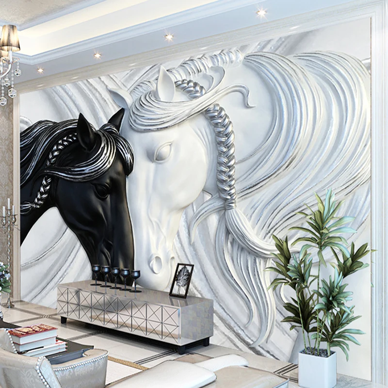 Custom Photo Wallpaper For Walls 3D Art Fashion Murals Black White Double Horses Embossed Non-woven Wallpaper Wall Coverings