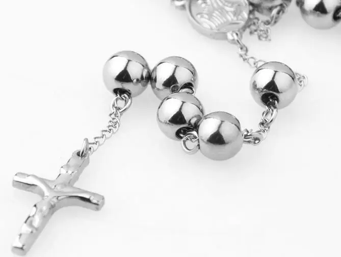 Cool religious Jewelry Large Heavy Stainless steel 8mm Ball Jesus Cross Rosary Necklace Chain 30\'\'+5\'\' for men