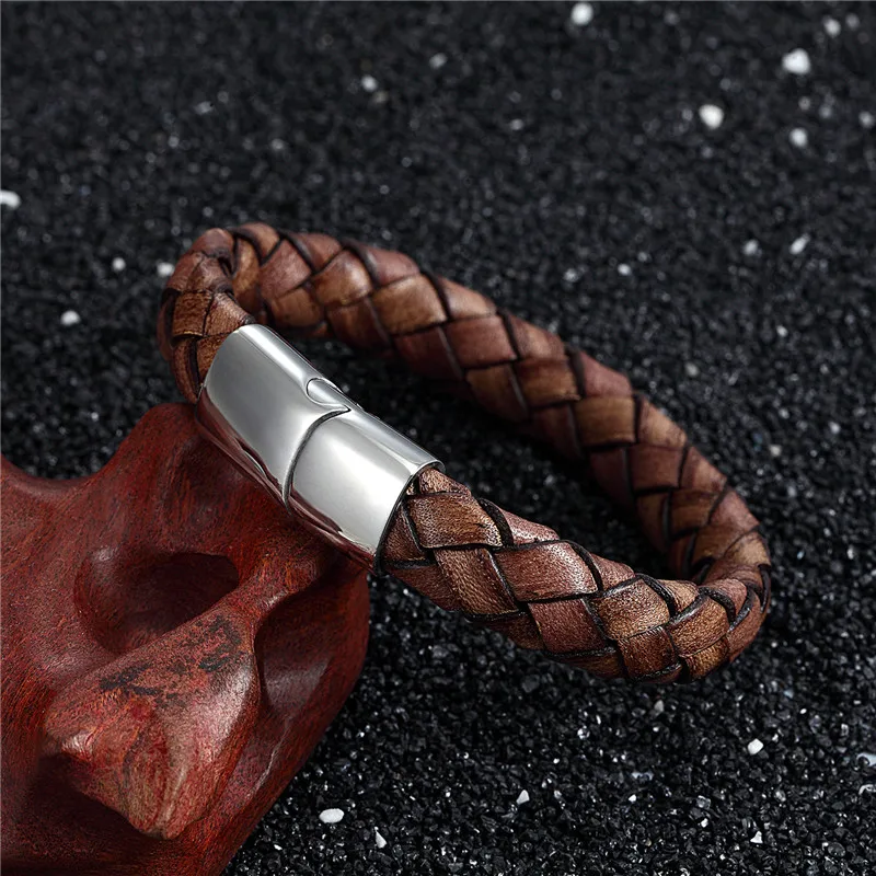 MKENDN New Arrival Men Jewelry Vintage Bracelet Handmade Brown Braided Leather Bracelet Stainless Steel Magnetic Clasps Bracelet