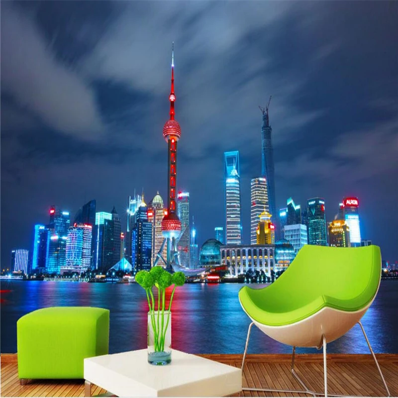 

beibehang Wallpaper Mural Wall Sticker Shanghai Oriental Pearl Night Background Wall Photo papel de parede wall paper