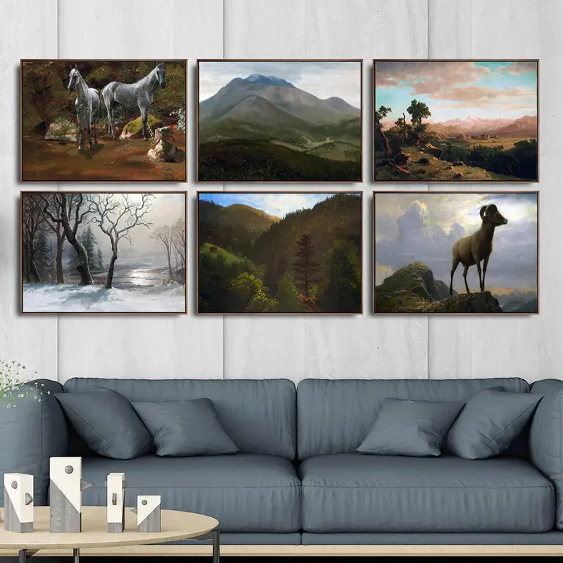 Home Decoration Art Wall Pictures Fro Living Room Poster Print Canvas Paintings American Albert Bierstadt Landscape Horse