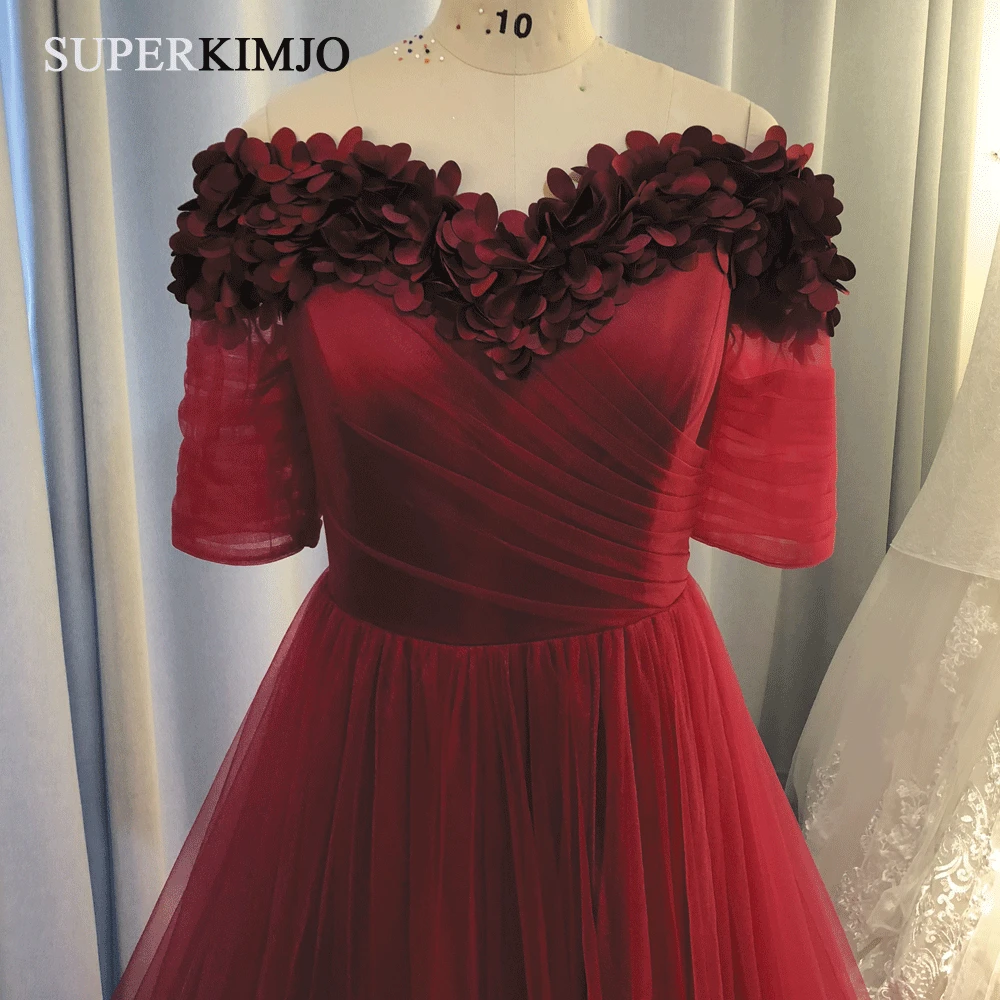 SuperKimJo 3D Flowers Prom Dresses Long Burgundy Off the Shoulder Elegant Prom Gown Vestidos De Graduacion Largos 2020