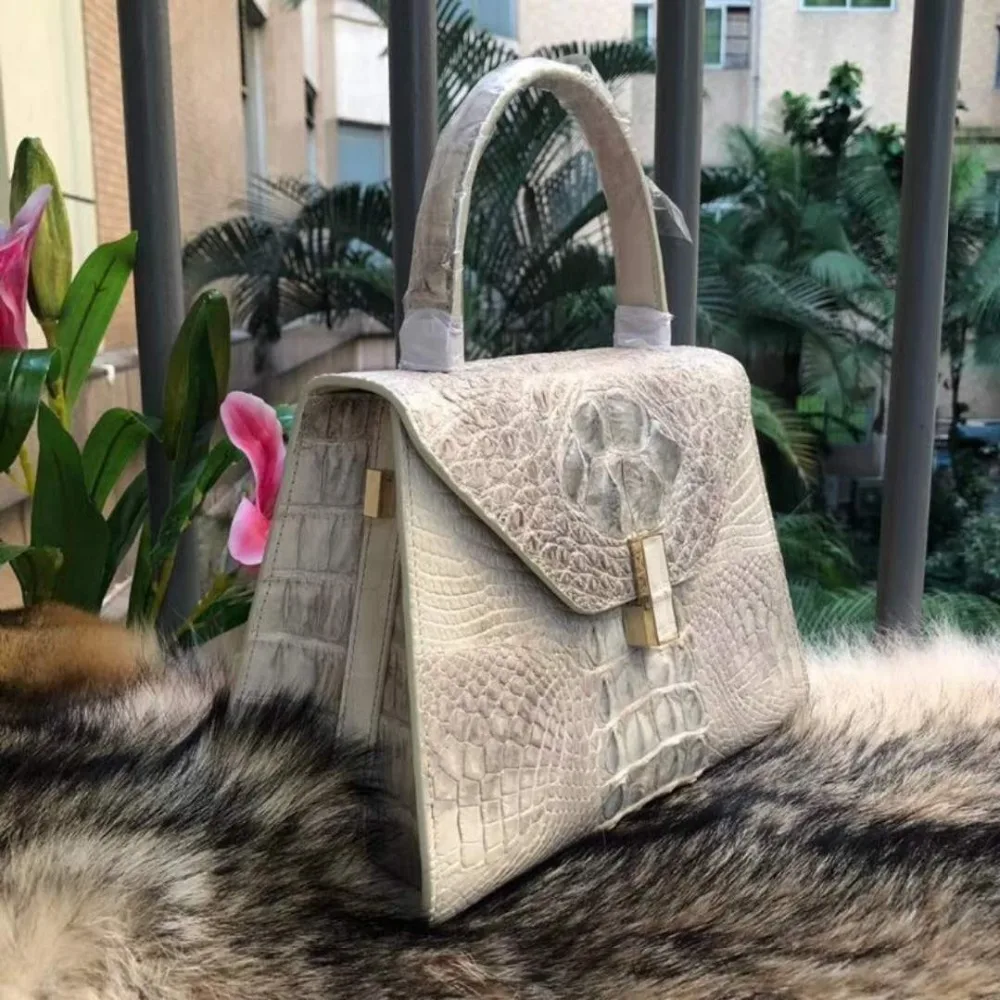 100% genuine real crocodile leather head skin women tote handbag Himalaya white color 2018 new design excellent skin lady tote