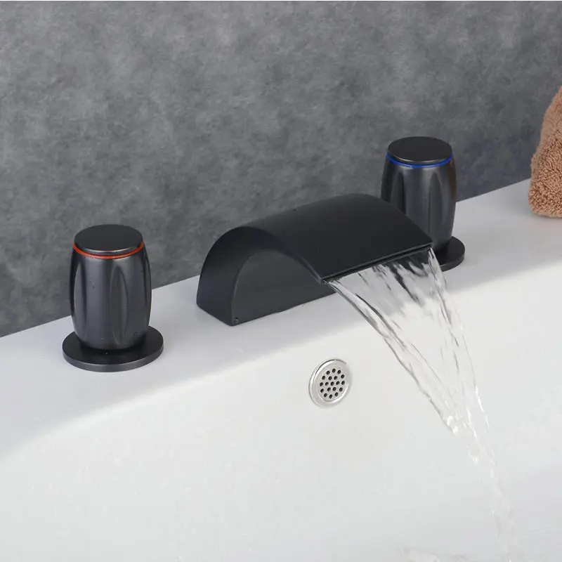 Basin Faucets Polished Black Oil Finish Brass Waterfall Style Bathroom Sink Faucet Widespread 3 Hole Bathroom Basin Mixer Taps