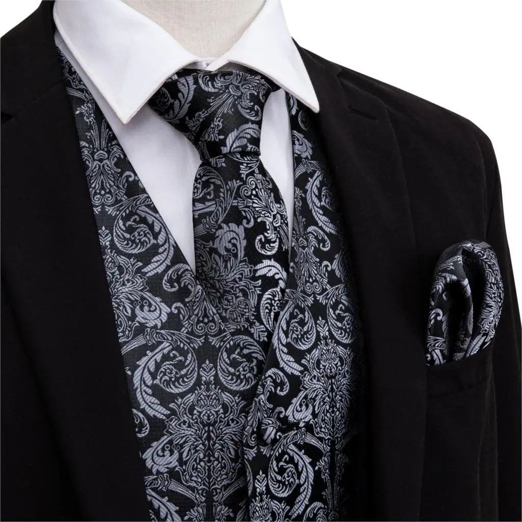 Designer Mens Classic Black Paisley Jacquard Folral Silk Waistcoat Vests Handkerchief Tie Vest Suit Pocket Square Set Barry.Wang