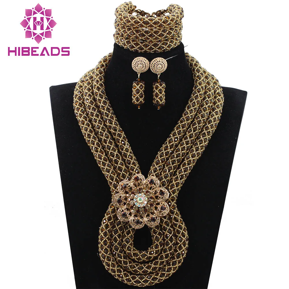 

2017 Luxury African Beads Jewelry Set Fabulous Chocolate Brown Crystal Nigerian Traditional Wedding Free Shipping ABH236