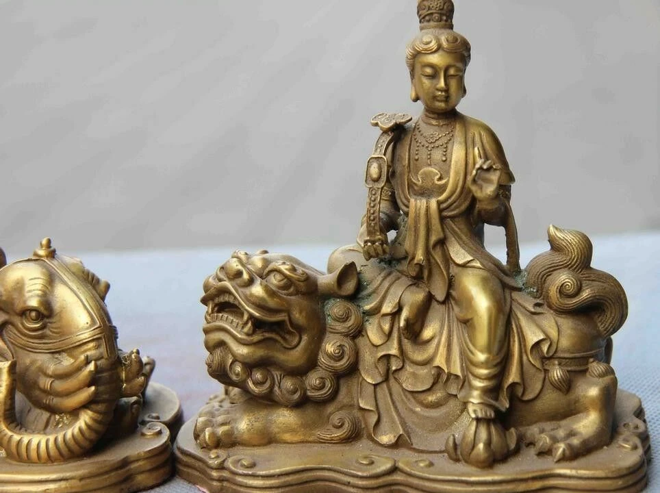 A Pair Tibet Brass Copper Manjushri Manjusri Samantabhadra Kwan-yin Bodhisattva Statue