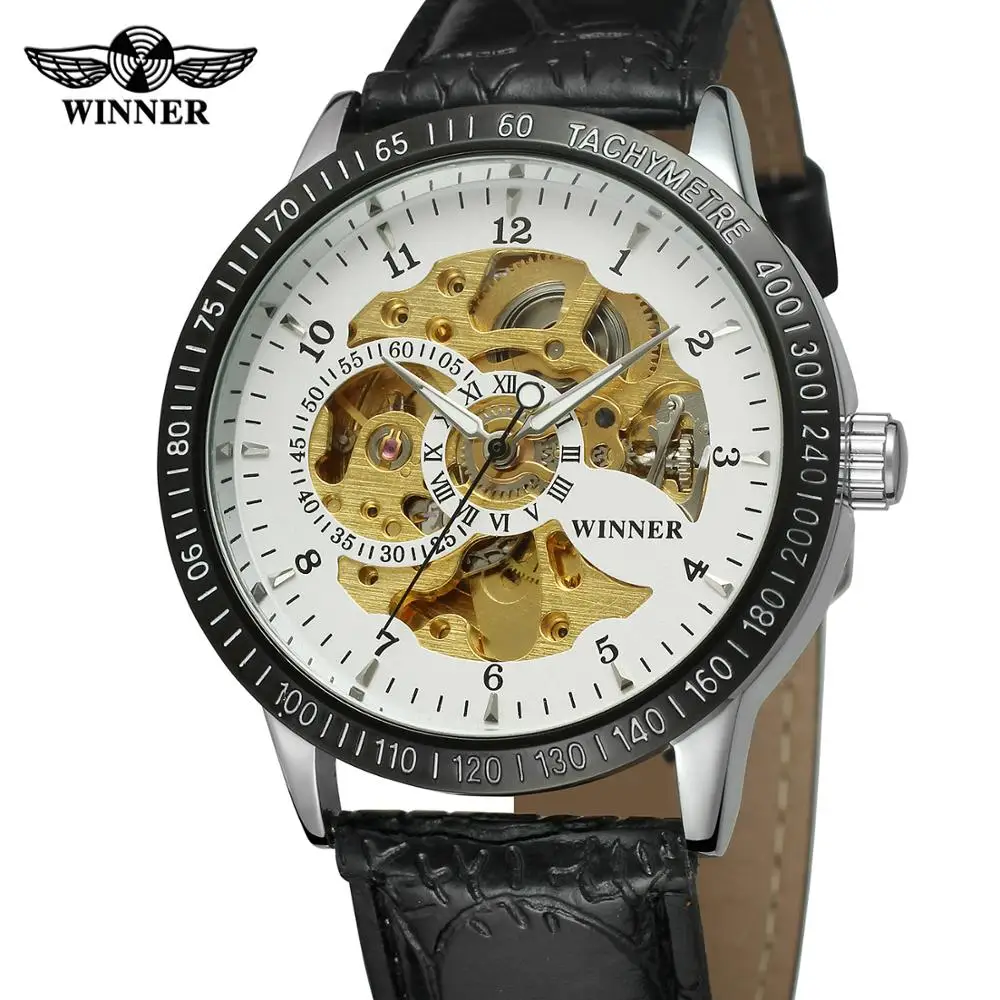 Winner Top Brand Automatic Mechanical Mens Clock Luxury Skeleton Golden Dial Anti-reflective Coating Case Leather Wrist Watches