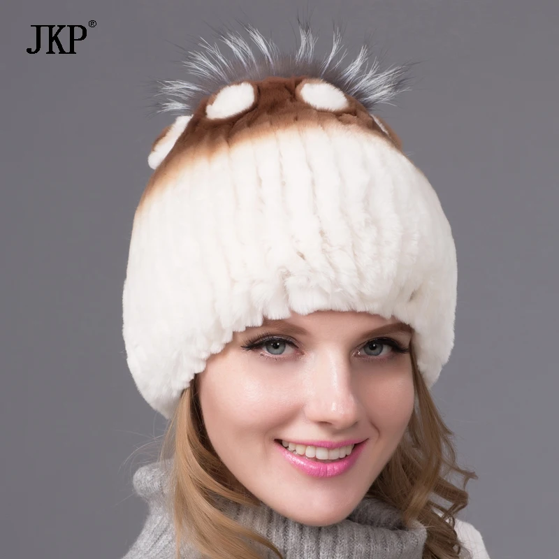 

Winter Fur Hats For Women Rex Rabbit Fur Hat Silver Fox Fur With Lining Pom Pom Knit Beanies With Lining Russian Fur Cap THY-05