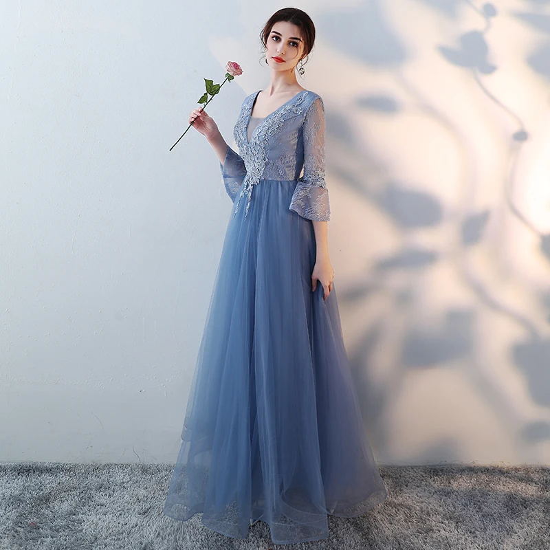 S0100 Nach Maß Schöne Stickerei Spitze Tüll Blau Lange Brautjungfer Kleider Frauen Prom Zeremonie Party Kleid Mädchen Formalen Kleid