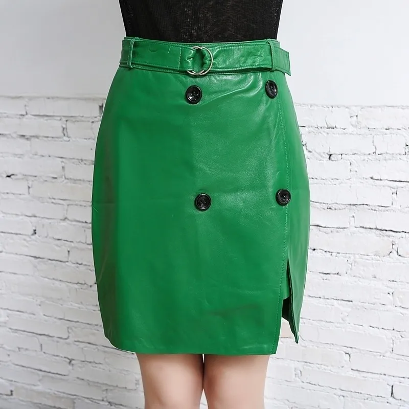 Spring New Pink Office Ladies Sheepskin Real Leather Skirt Women Casual Buttons Slim Fit High Waist Wrap Skirt Green Jupe Femme