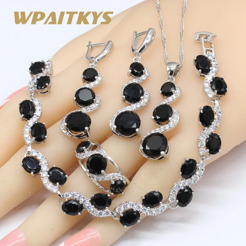 Black White 925 Silver Jewelry Sets For Women Bracelet Long Earrings Necklace Pendant Rings Free Gift Box