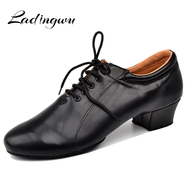 Ladingwu Latin Dance Shoes Men\'s 100% Genuine Leather Ballroom Dancing Shoes Men Soft Bottom Social Party Shoes Low Heel 4.5cm