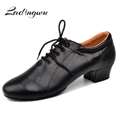 Ladingwu Latin Dance Shoes Men's 100% Genuine Leather Ballroom Dancing Shoes Men Soft Bottom Social Party Shoes Low Heel 4.5cm