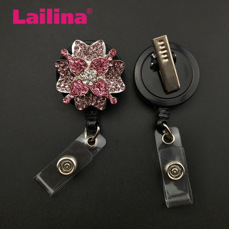 20pcs/lot Pink Pedal Flower Rhinestone Retractable ID Badge Reel Holder