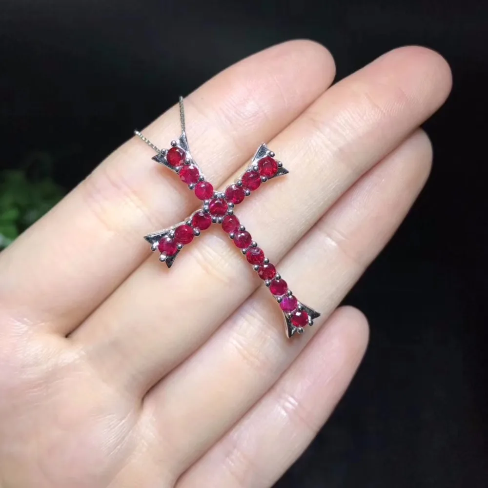 Cross style natural ruby necklace, multi color, 925 silver high-end color treasure.