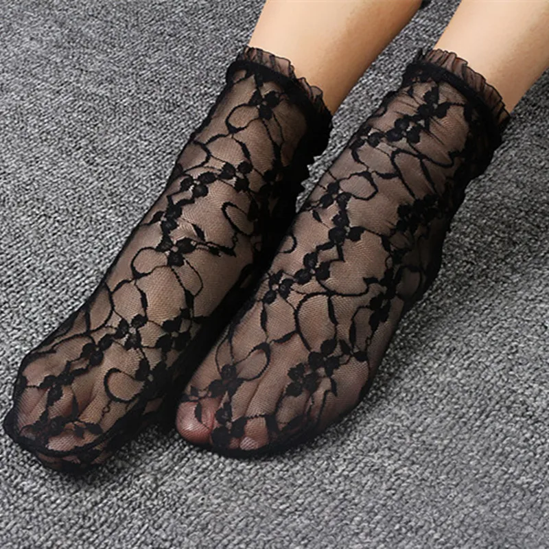 Summer Ultra-Thin Lace Mesh Frilly Socks Ladies Girls Cute Flower Hollow Out Transparent Nylon Socks Summer Calcetines